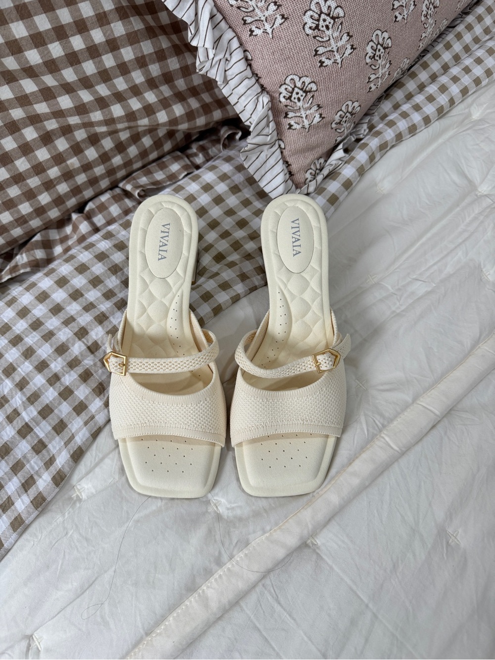 VIVAIA Cream Square-Toe Strap Heels